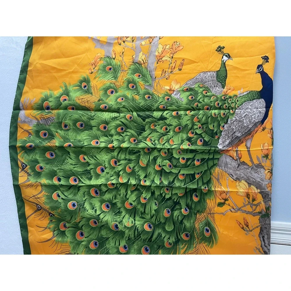 Large Peacock Floral Square Scarf Orange Green Satin Bird Print Boho Luxury